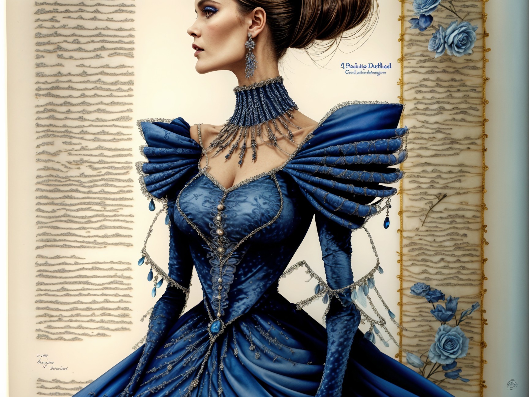 Elegant deep blue gown with lace and embellishments