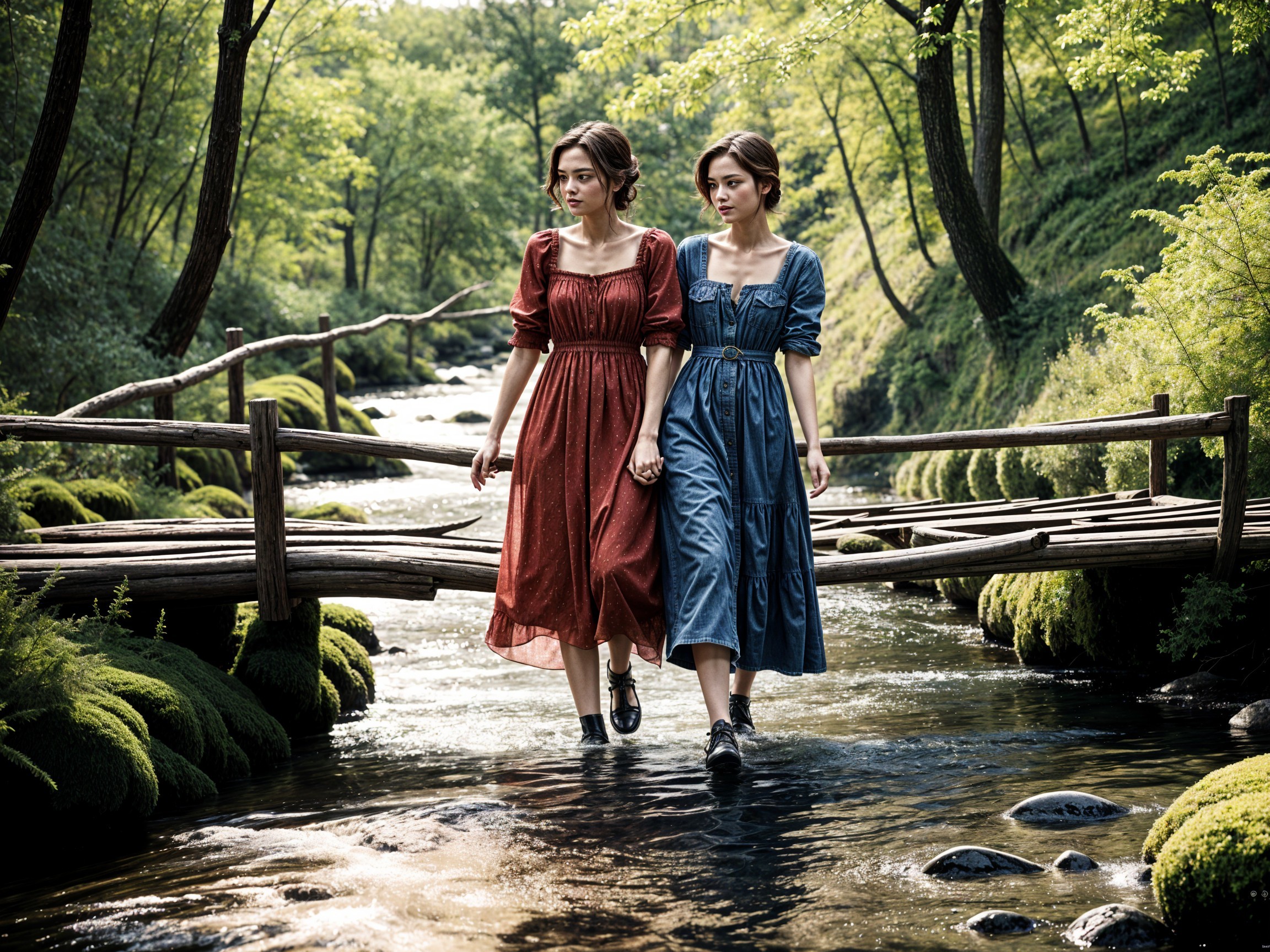 Women in Dresses on a Bridge Over a Serene Stream