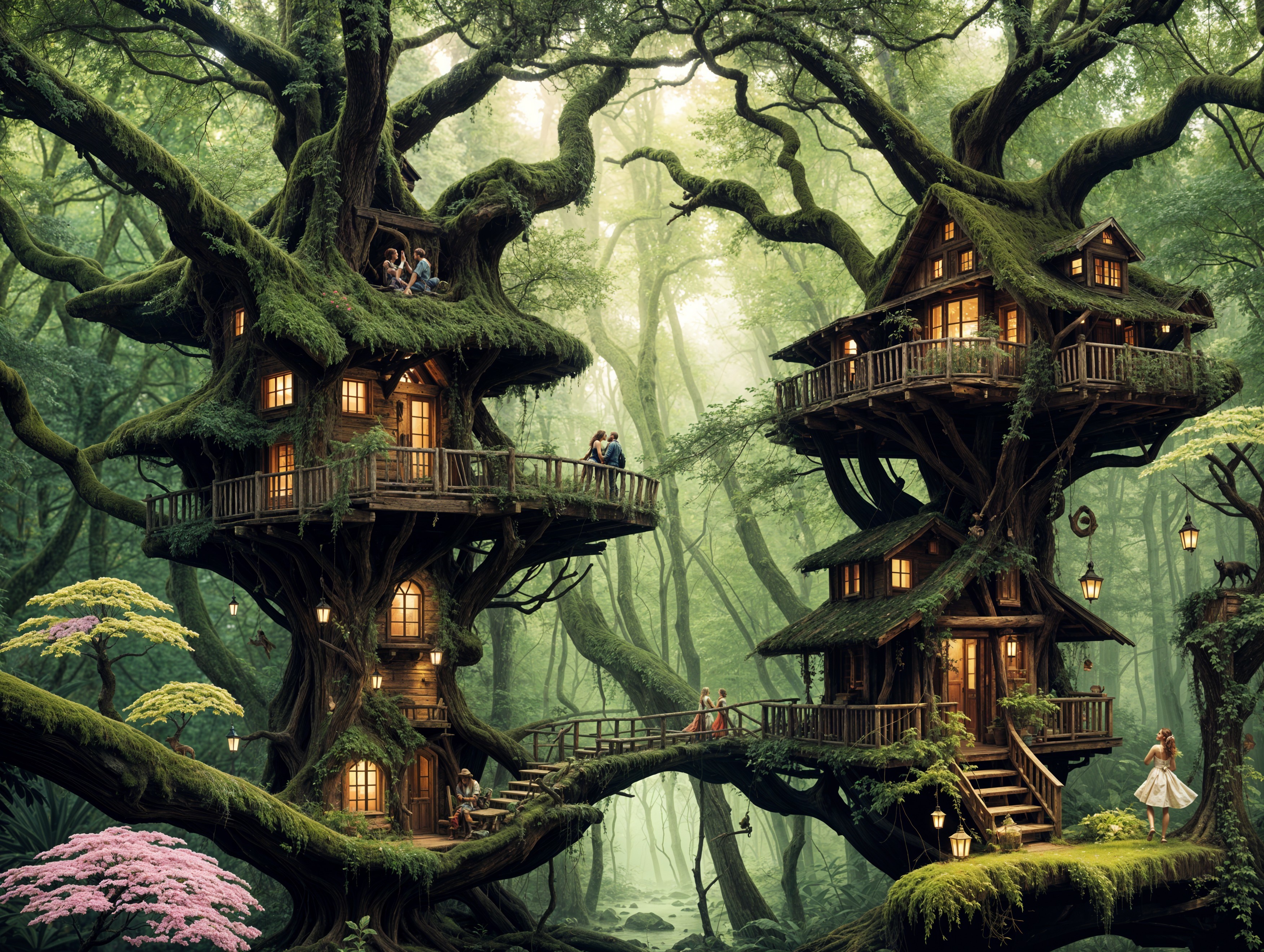 Whimsical Treehouses in a Mystical Forest Setting