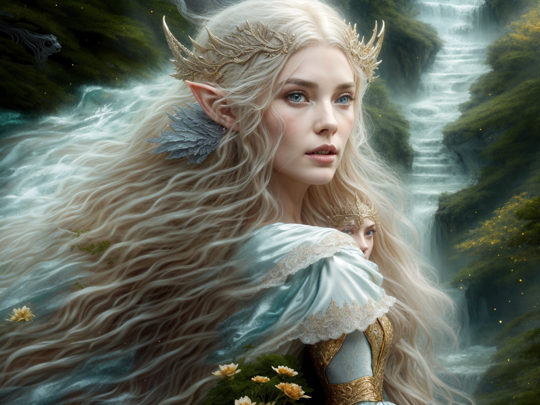 Elven Figure by Serene Waterfall in Lush Greenery