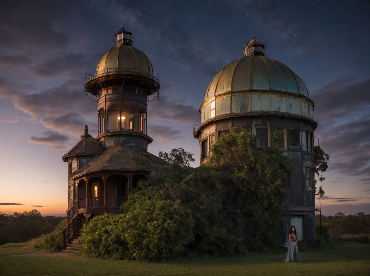 Woman in pale blue dress near overgrown observatory