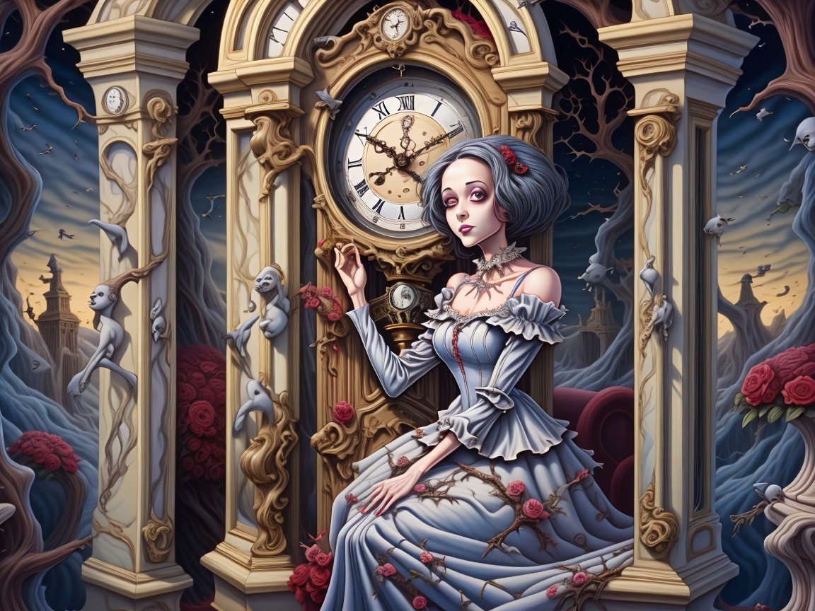Gothic Woman Beside Ornate Clock in Eerie Landscape