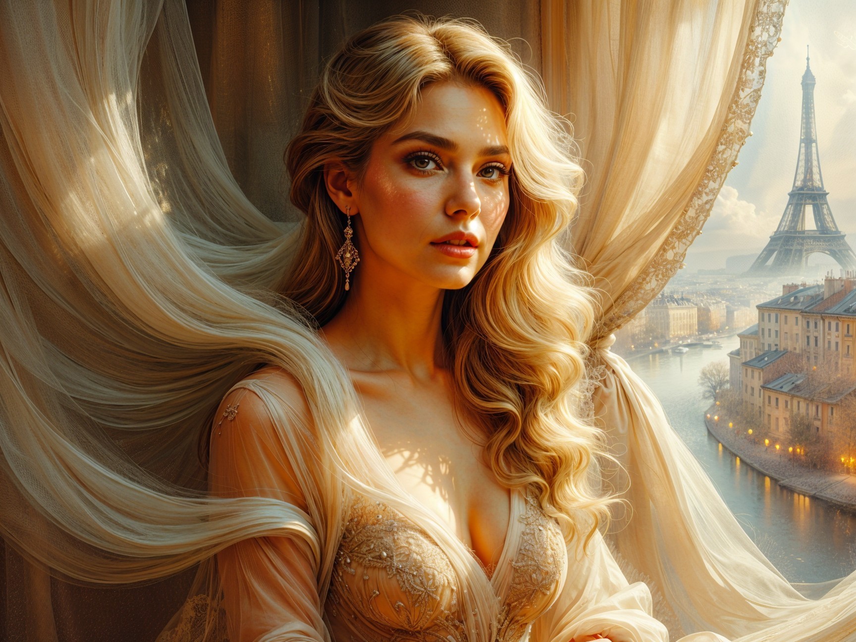 Elegant Woman by Window with Eiffel Tower View
