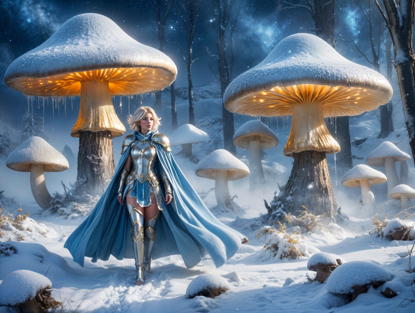 Majestic warrior in silver armor in a snowy landscape