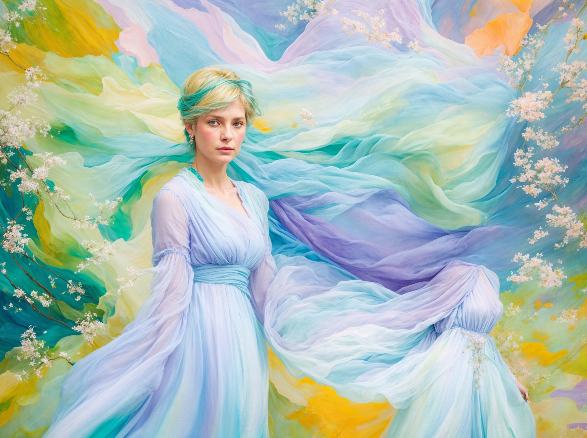 Young Woman in Ethereal Gown with Pastel Background