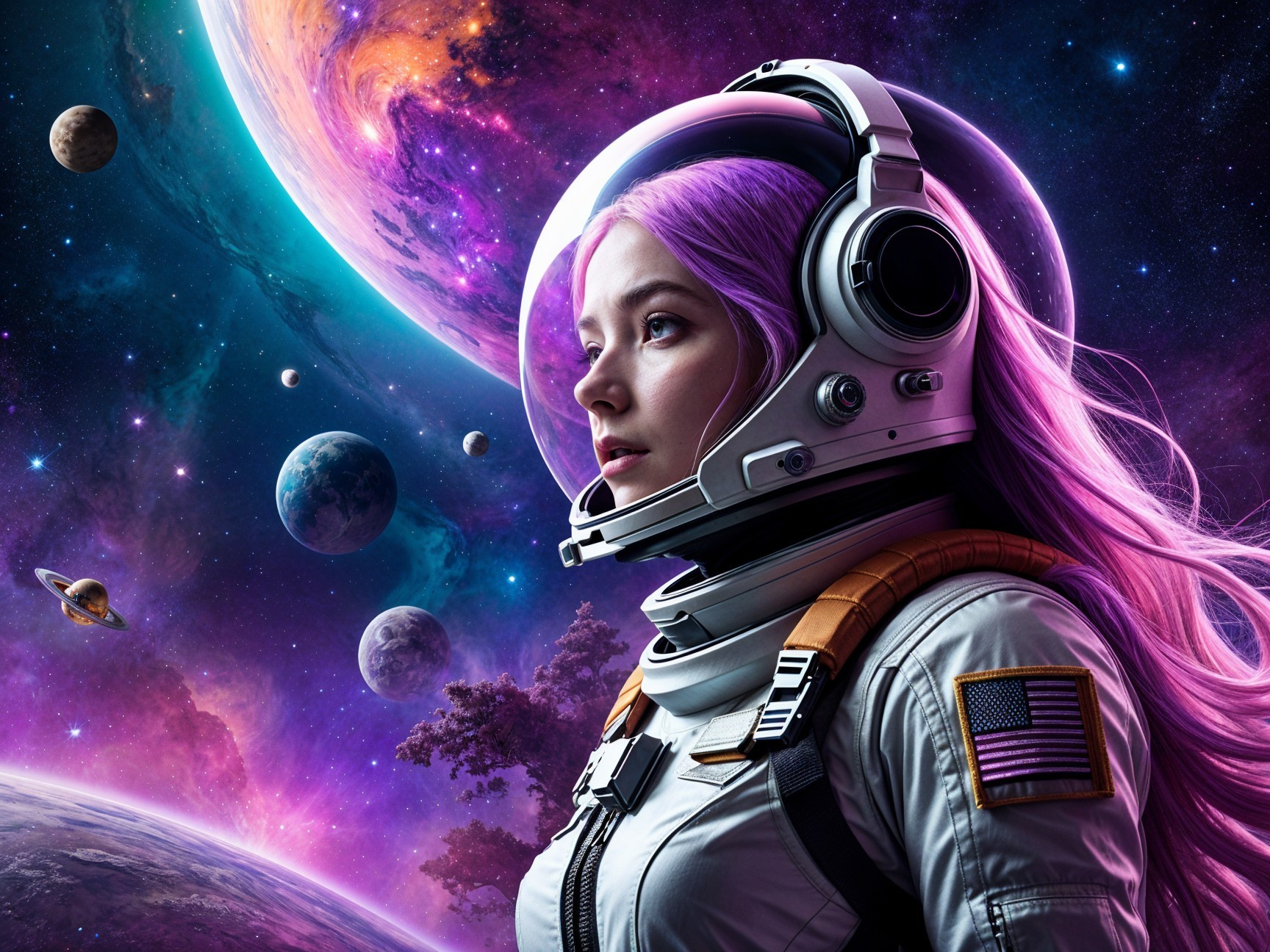 Female Astronaut with Purple Hair in Cosmic Scene