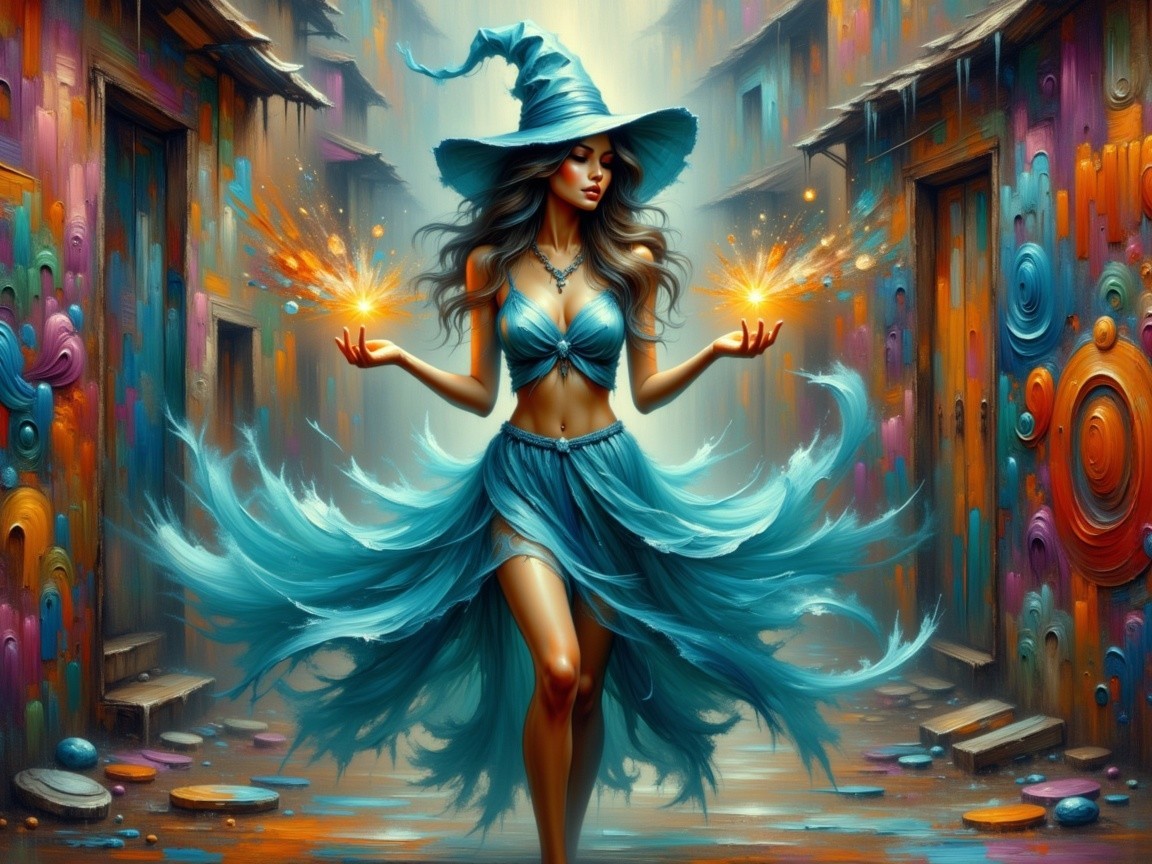 Mystical Witch in Turquoise Outfit in Colorful Street