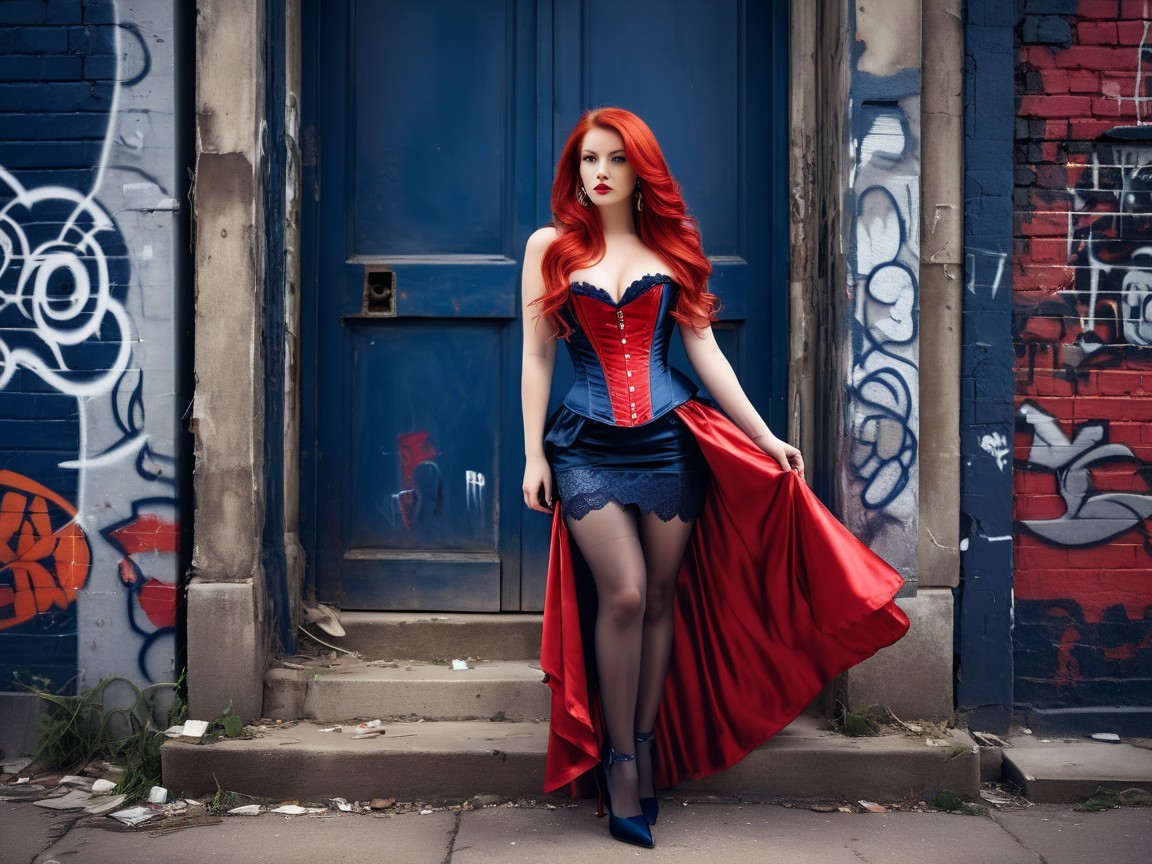 Light-skinned woman in corset and satin train on sidewalk