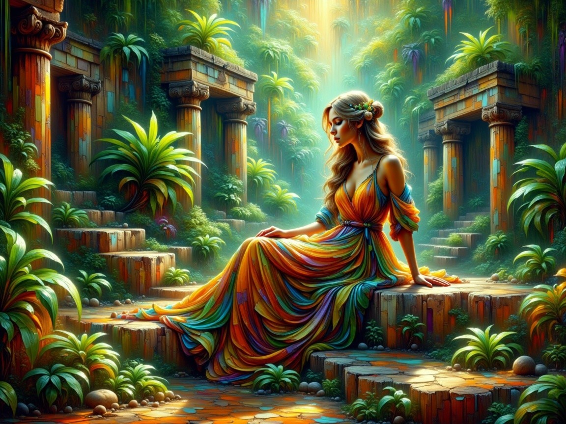 Serene Woman in Vibrant Gown at Ancient Ruins