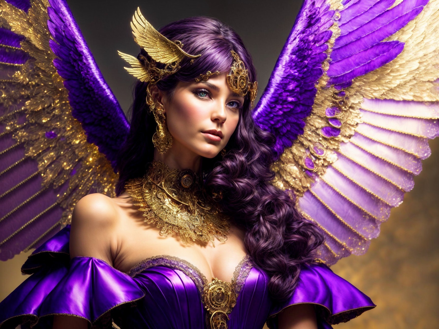 Regal figure in purple attire with golden wings