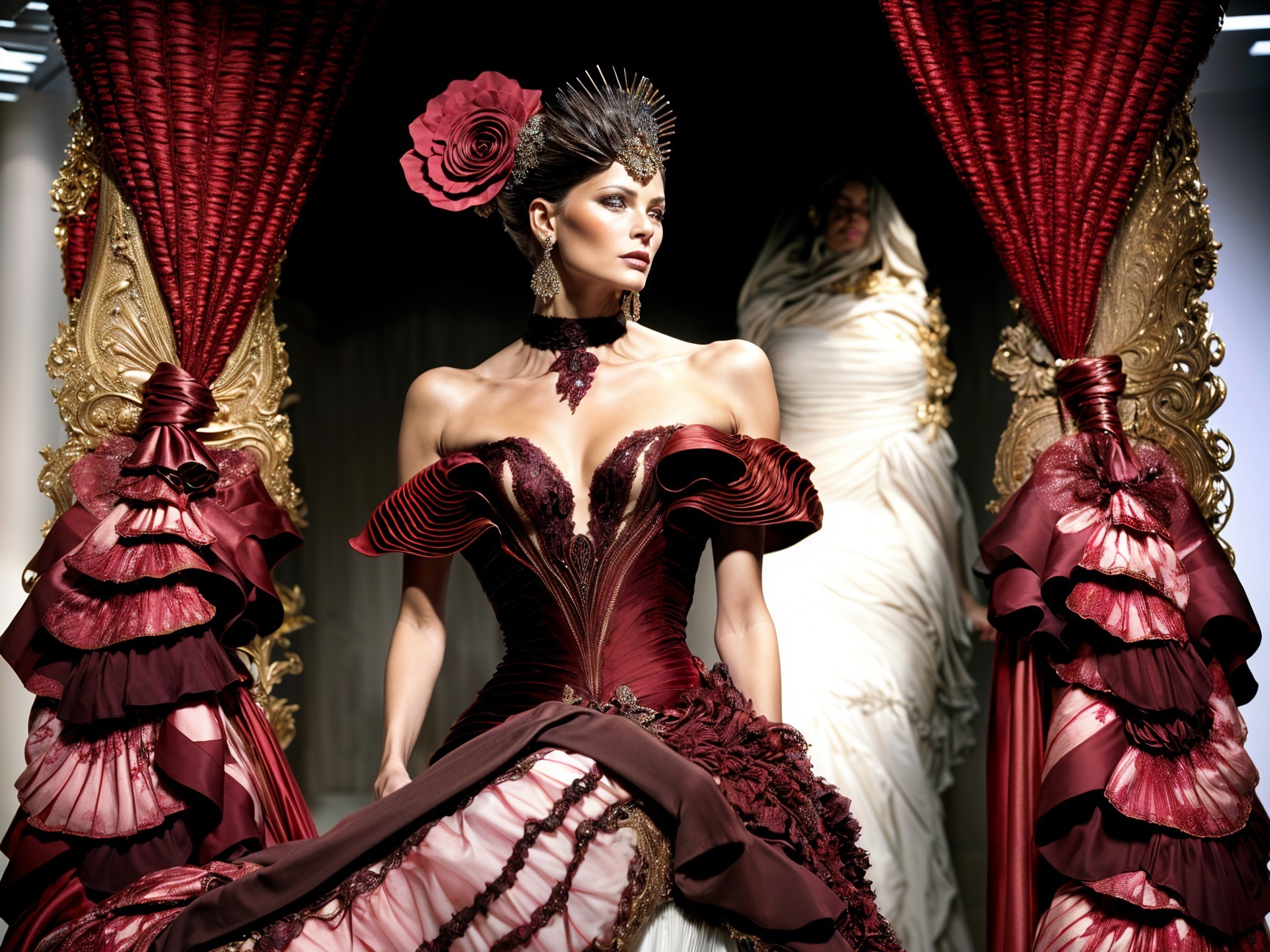 Elegant Fashion Scene with Burgundy and White Gowns