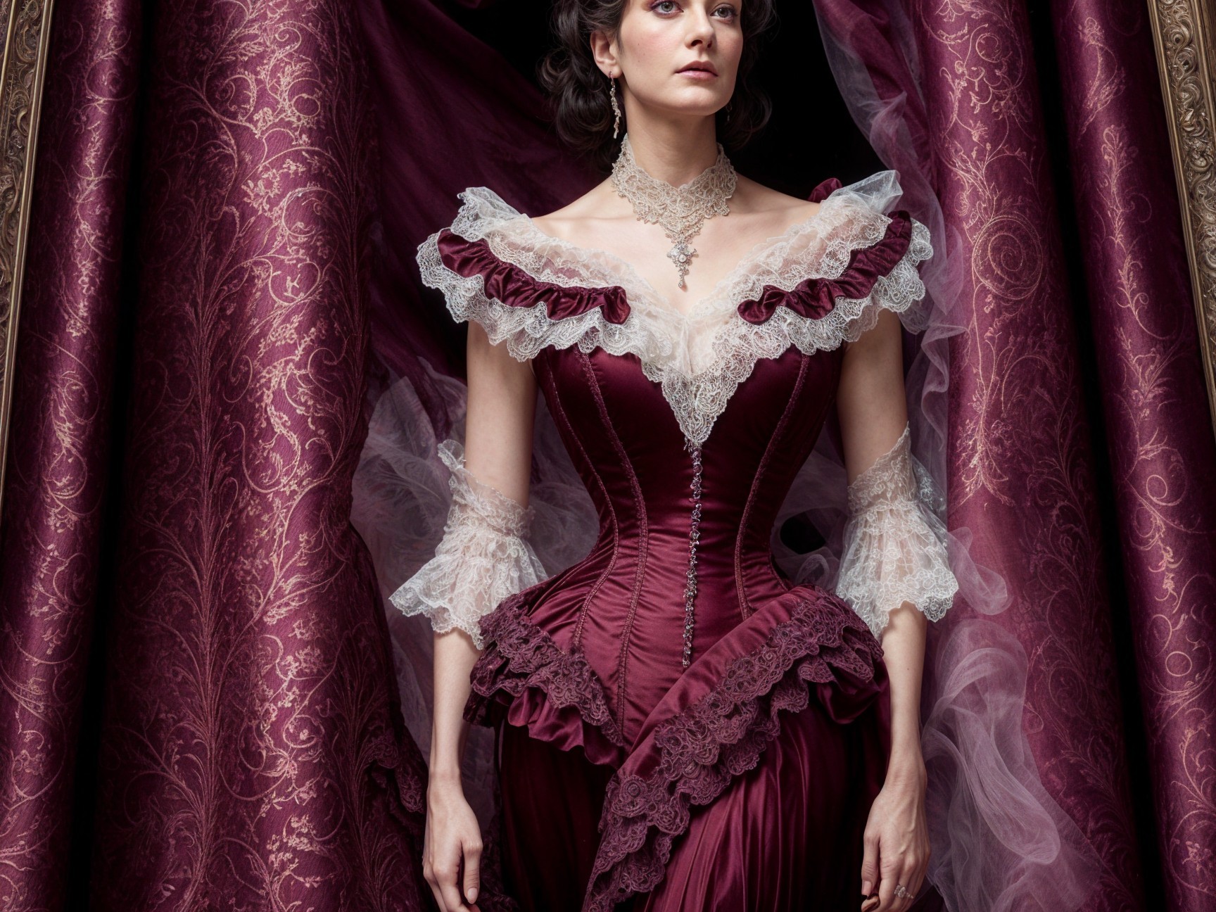 Regal Woman in Burgundy Gown with Lace Detailing