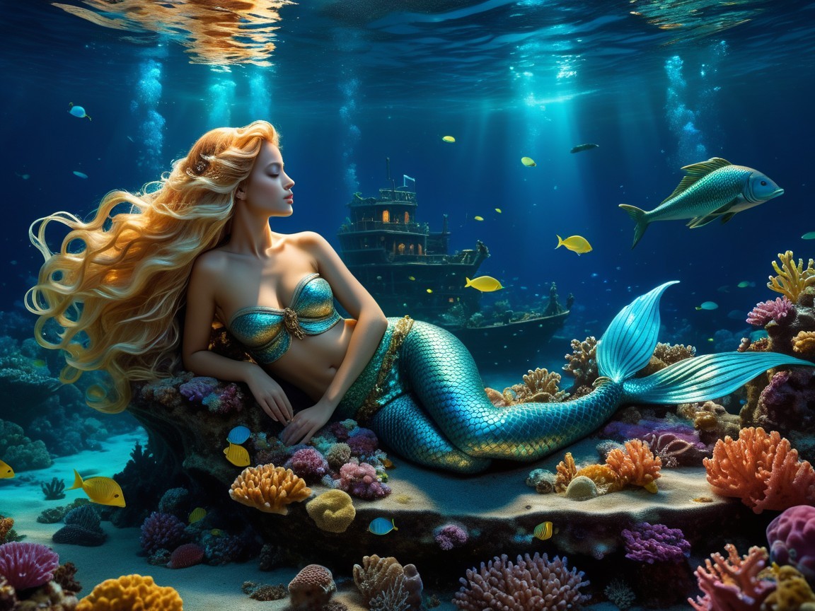 Mermaid on Coral Reef in Vibrant Underwater Scene