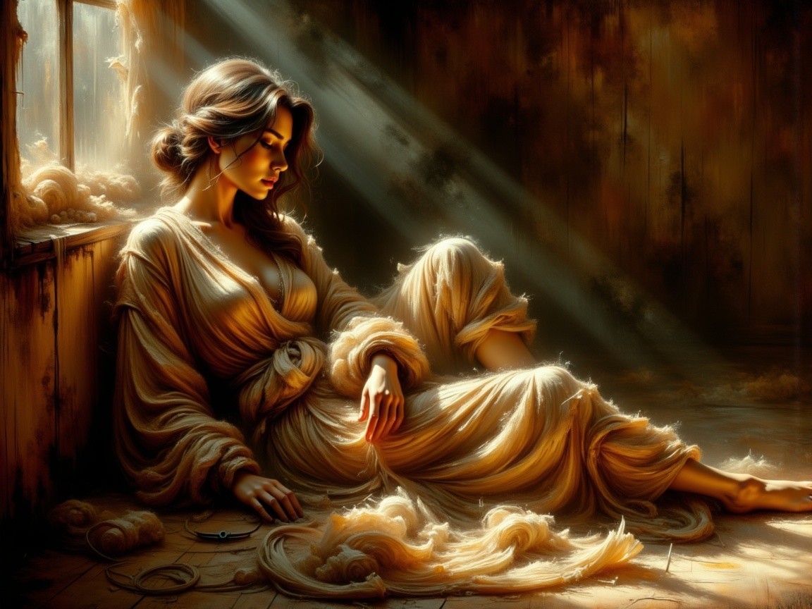 Woman in flowing robe by window in serene room