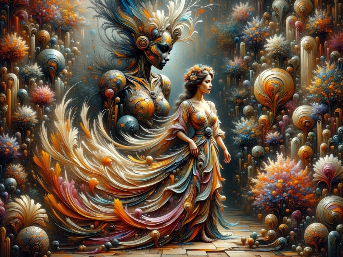 Surreal Scene of a Goddess and Young Woman in Colorful Dress