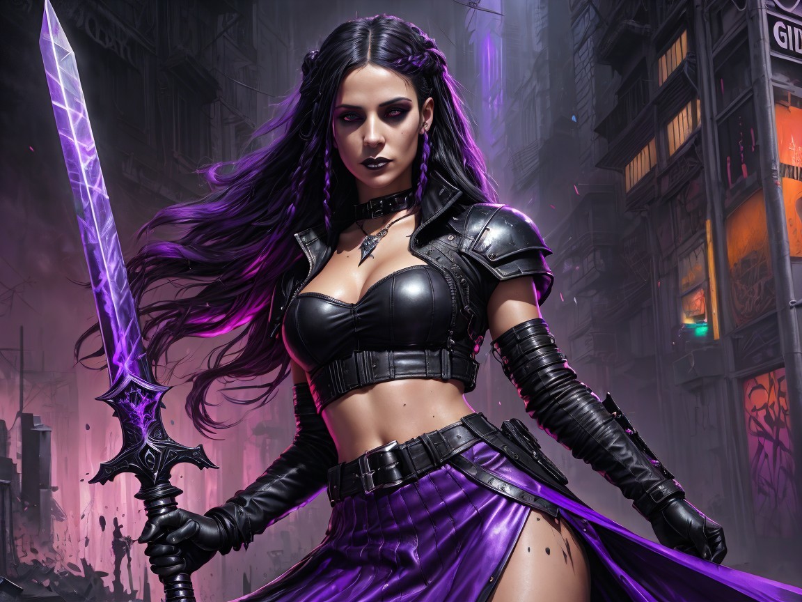 Cyberpunk Warrior Woman in Desolate City Scene