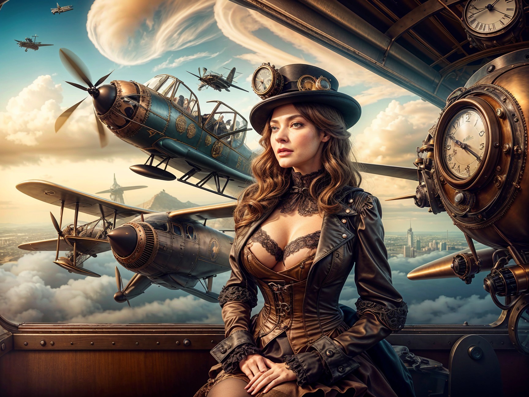 Steampunk Woman in Airship Cockpit Among Clouds