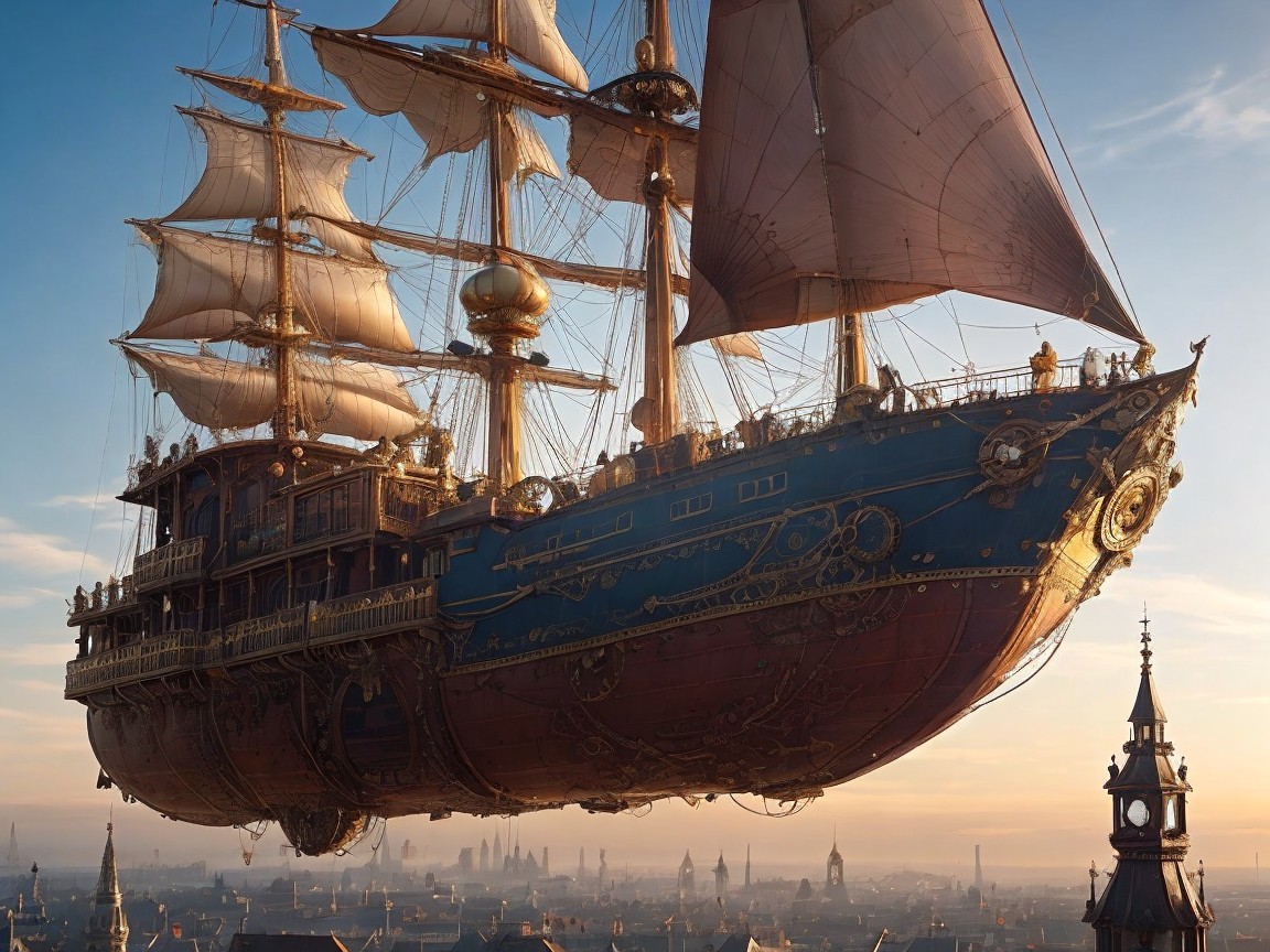 Steampunk Airship Over Cityscape at Sunset