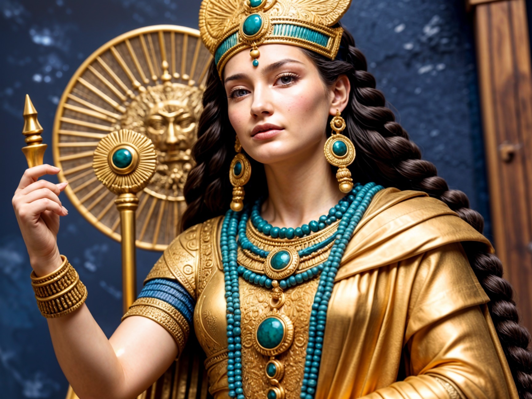 Regal woman in golden attire with intricate jewelry
