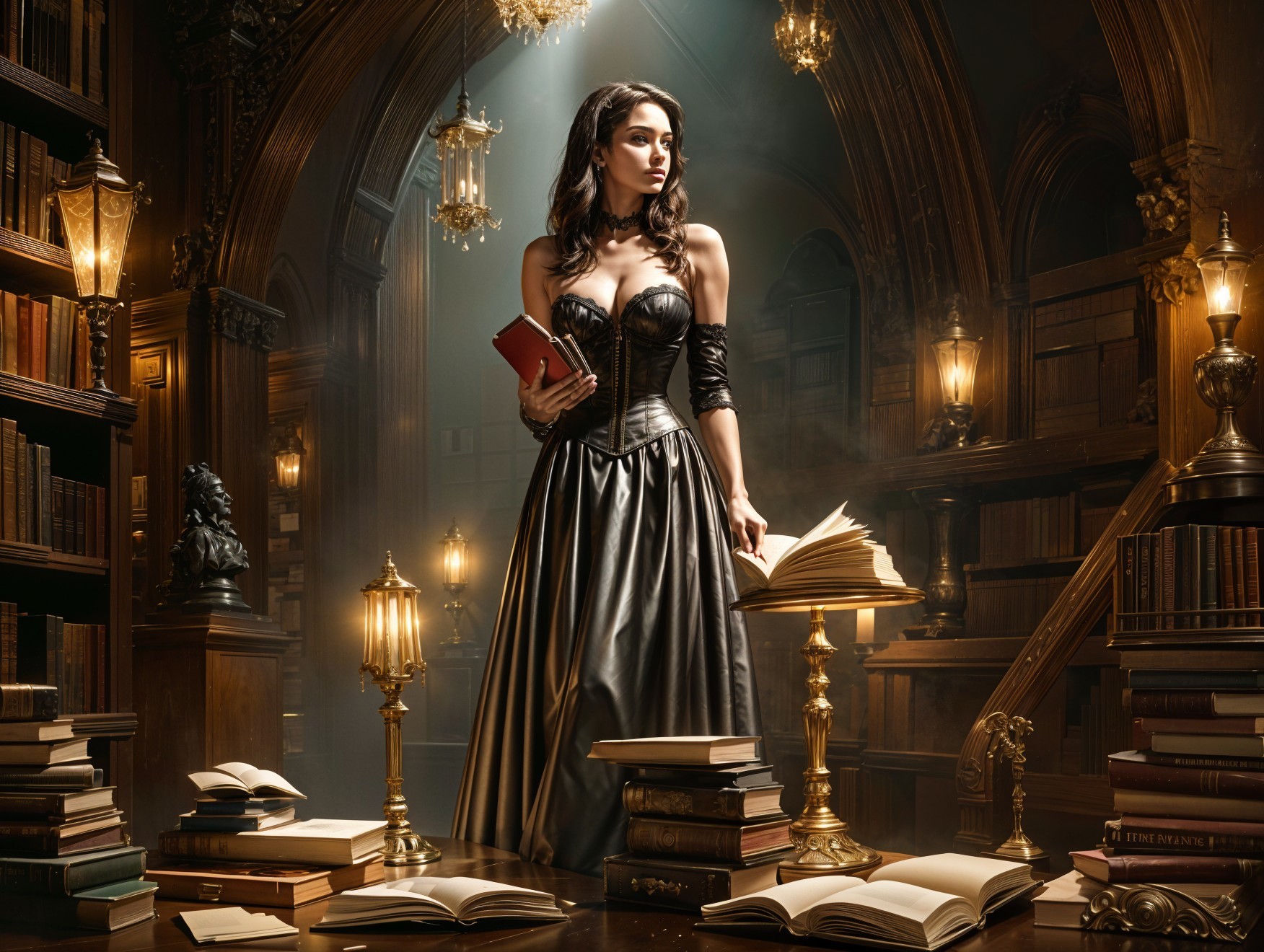 Mysterious Woman in Elegant Gown in Grand Library