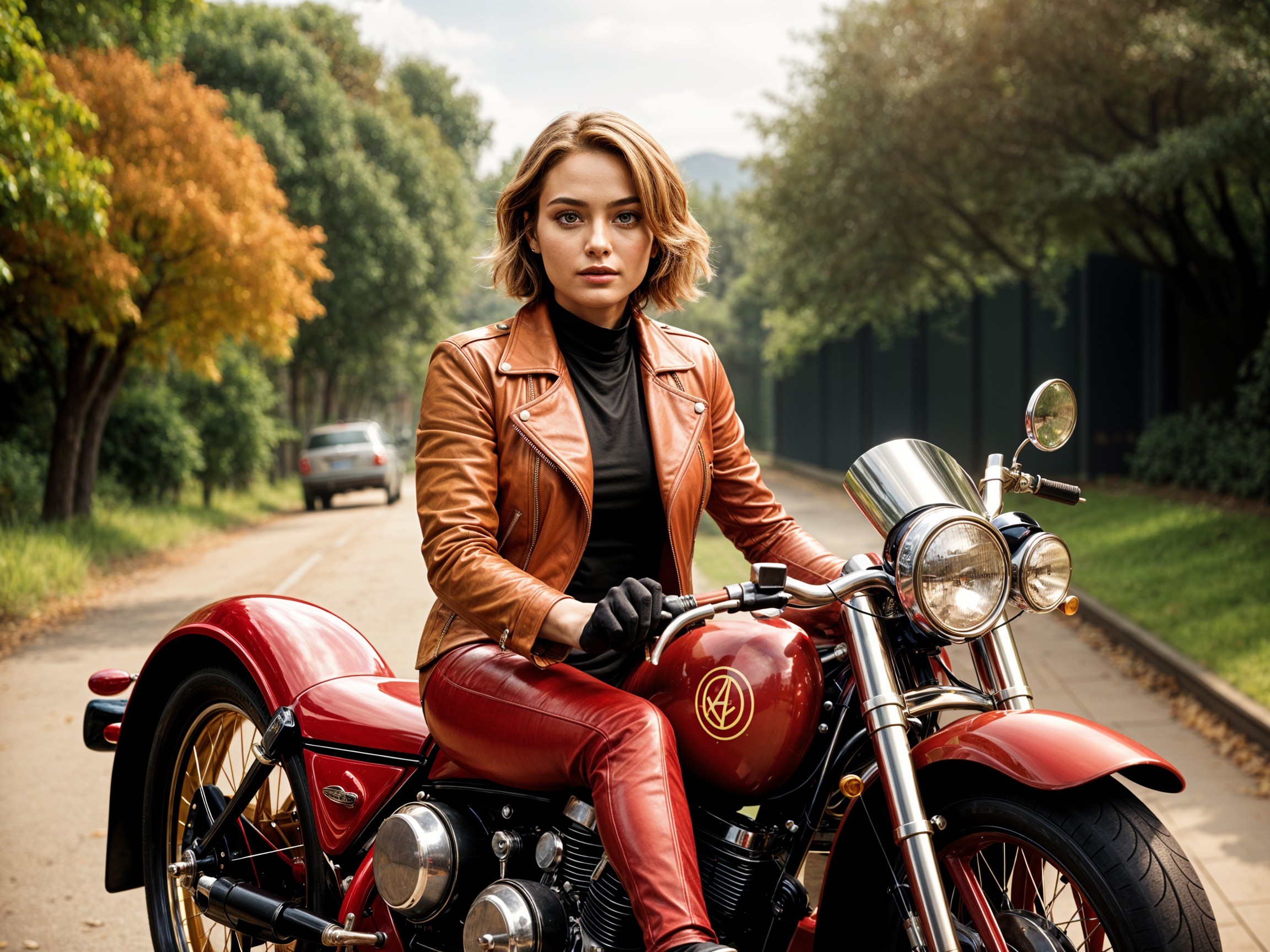 Confident Woman on Red Motorcycle in Lush Setting