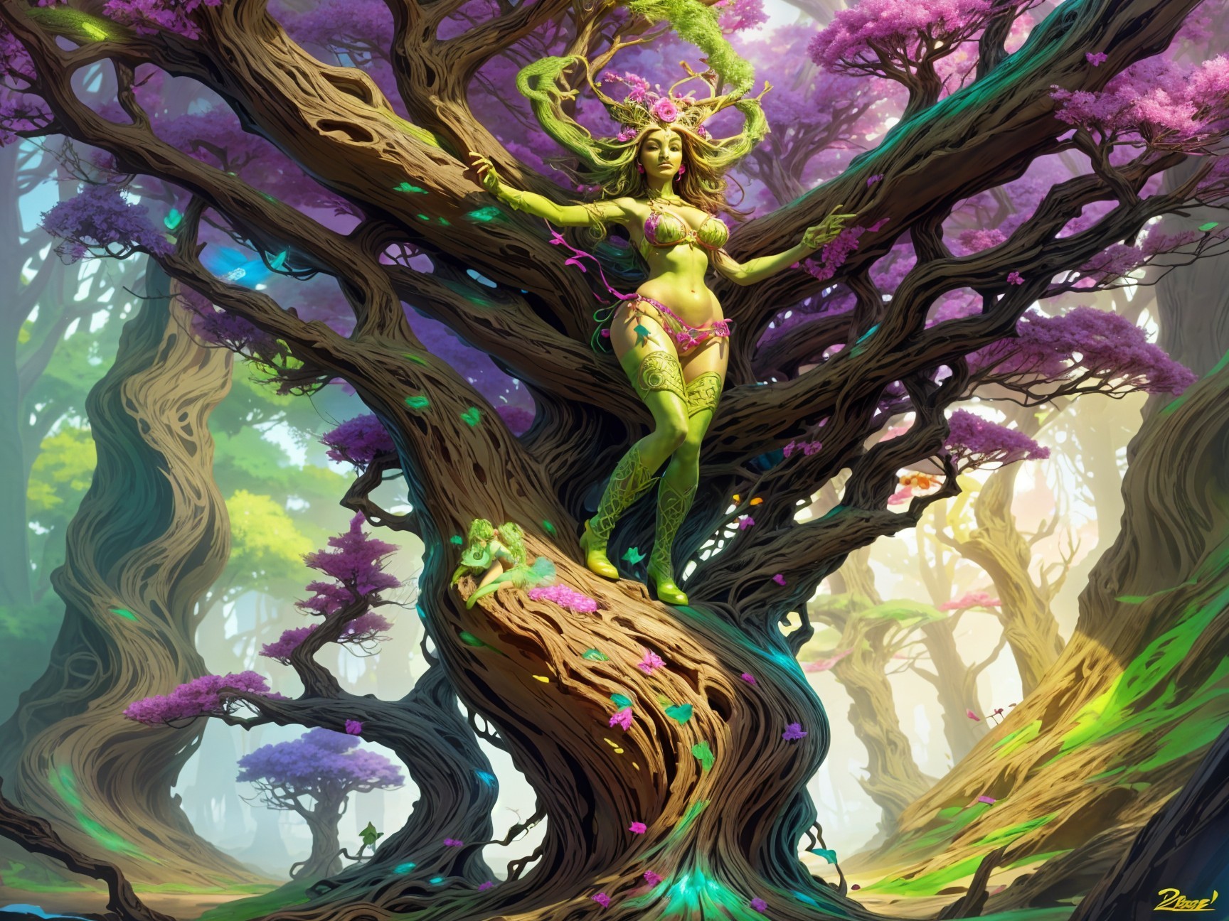 Vibrant Tree and Mystical Figure in Enchanted Forest
