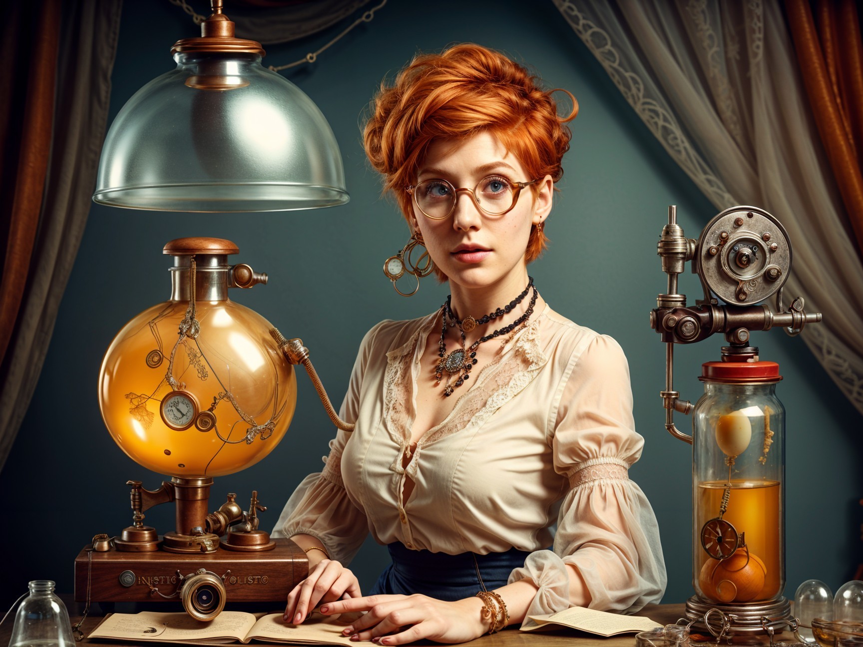 Vintage Laboratory with Young Woman and Glass Apparatus