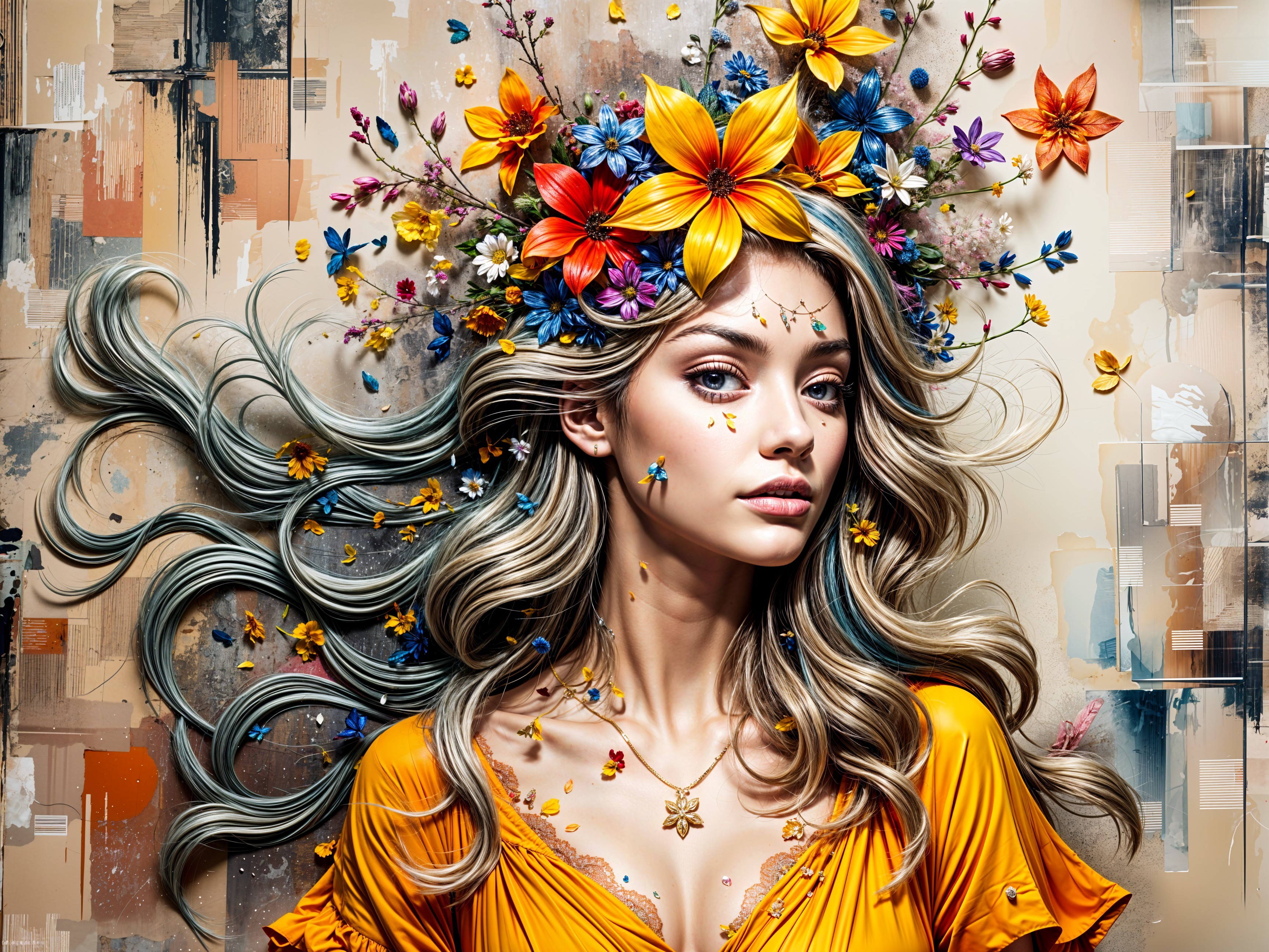 Portrait of a Young Woman with Floral Crown and Designs