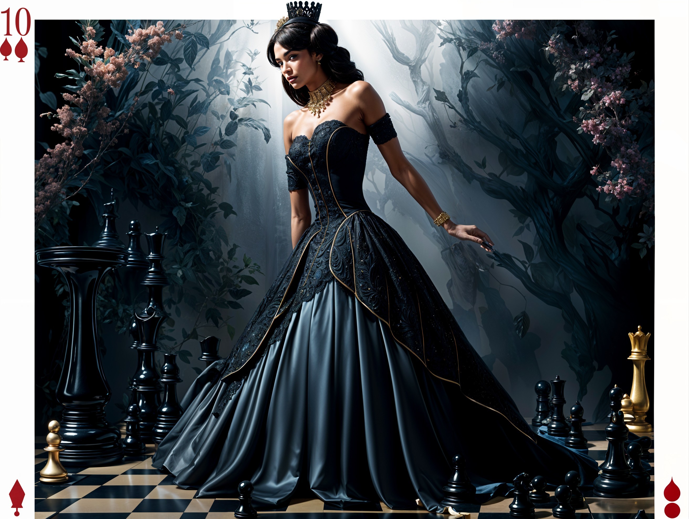 Regal figure in black gown among oversized chess pieces