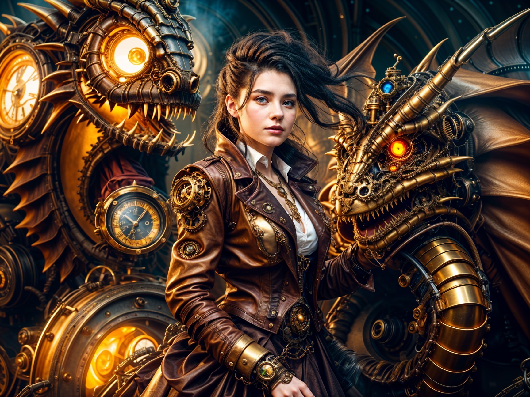 Steampunk Scene with Mechanical Dragons and Clockwork