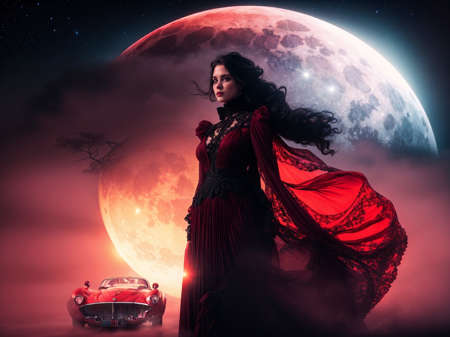 Mysterious Figure in Crimson Gown with Full Moon Backdrop
