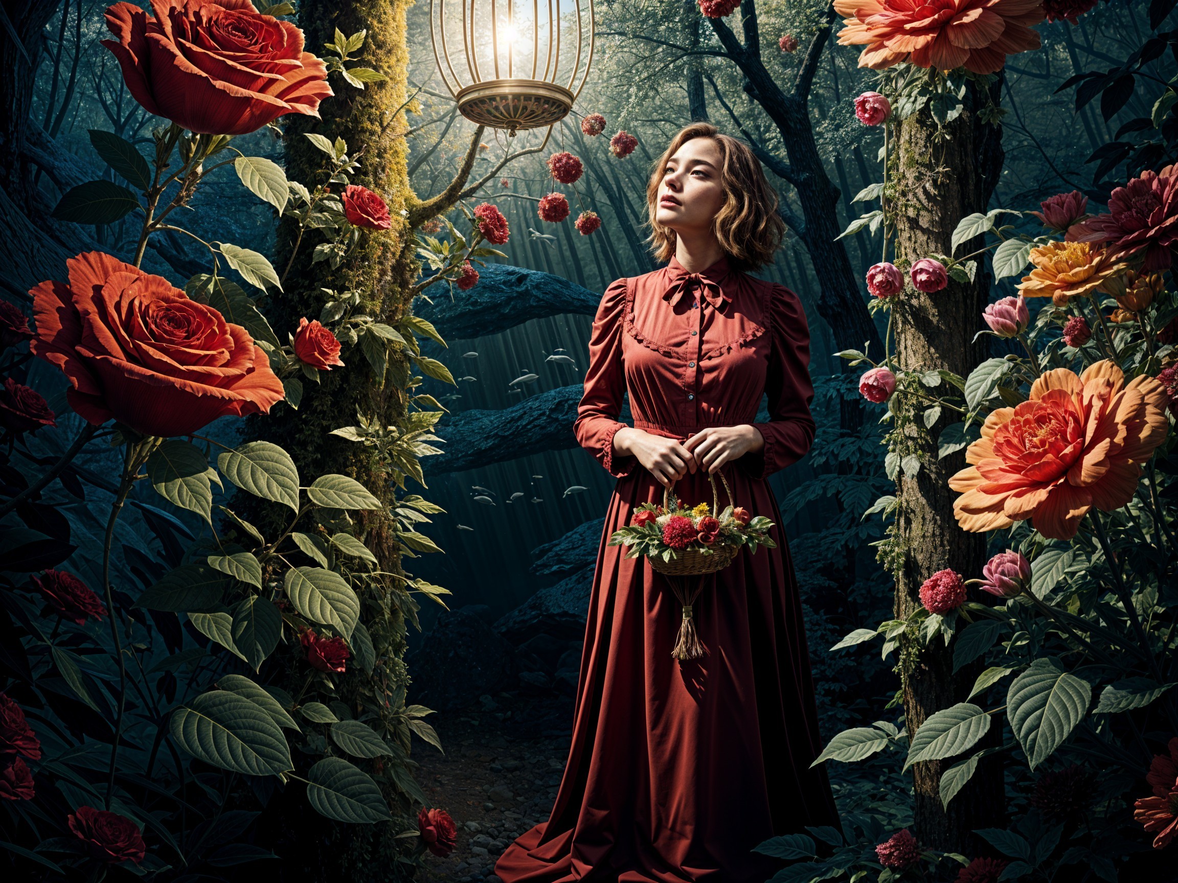Mystical Forest Scene with Woman in Red Dress