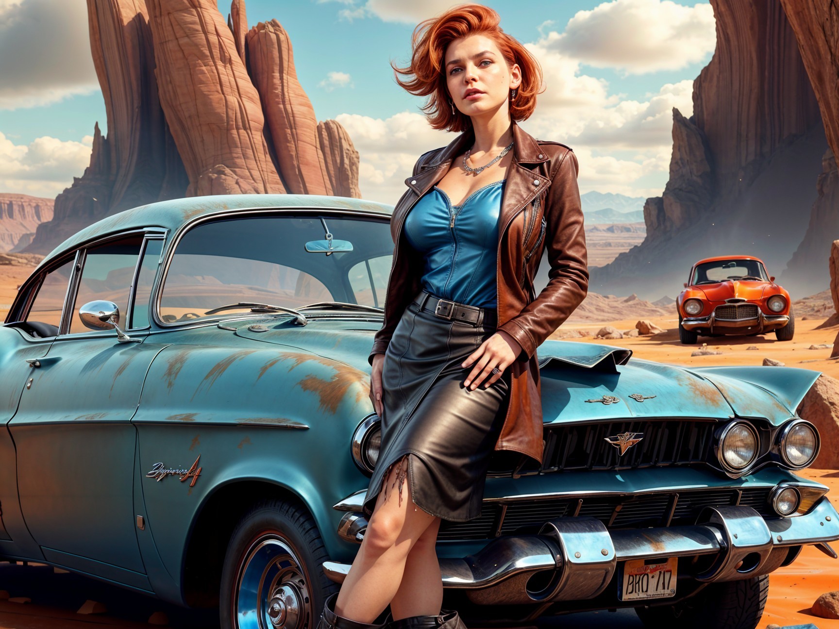 Confident Woman with Red Hair Next to Vintage Car