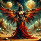 Majestic warrior in desert with shimmering wings and moons