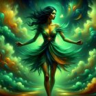 Woman in Green Dress Against Cosmic Backdrop