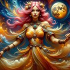Cosmic Goddess Portrait in Golden Gown and Nebulae