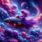 Futuristic Space Scene with Woman in Purple Suit