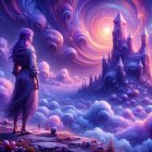 Mystical Landscape with Purple Sky and Celestial Bodies