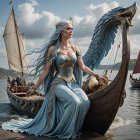 Majestic figure on intricately designed ship at sea