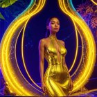 Elegant Model in Gold Gown with Neon Backdrop