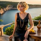Woman in Black Dress at Scenic Overlook at Sunset