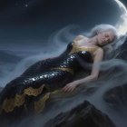 Blonde Woman in Gown Sleeping on Mountain Peak at Night
