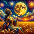 Fair-skinned Woman in Golden Field Under Starry Sky