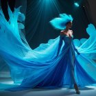 Extravagant blue gown with flowing fabric and fitted bodice