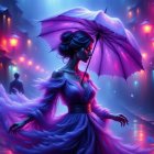 Elegant Woman in Purple Gown on Neon Street