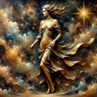 Light-skinned woman in metallic gold-and-black dress