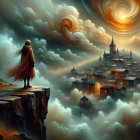 Medieval Fantasy Cityscape with Cloaked Figure Overlook