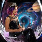 Woman with purple hair in cosmic scene with wine glass
