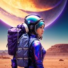 Futuristic Astronaut on Alien Landscape with Planet