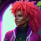 Close-up of a woman with spiky orange-pink hair outdoors
